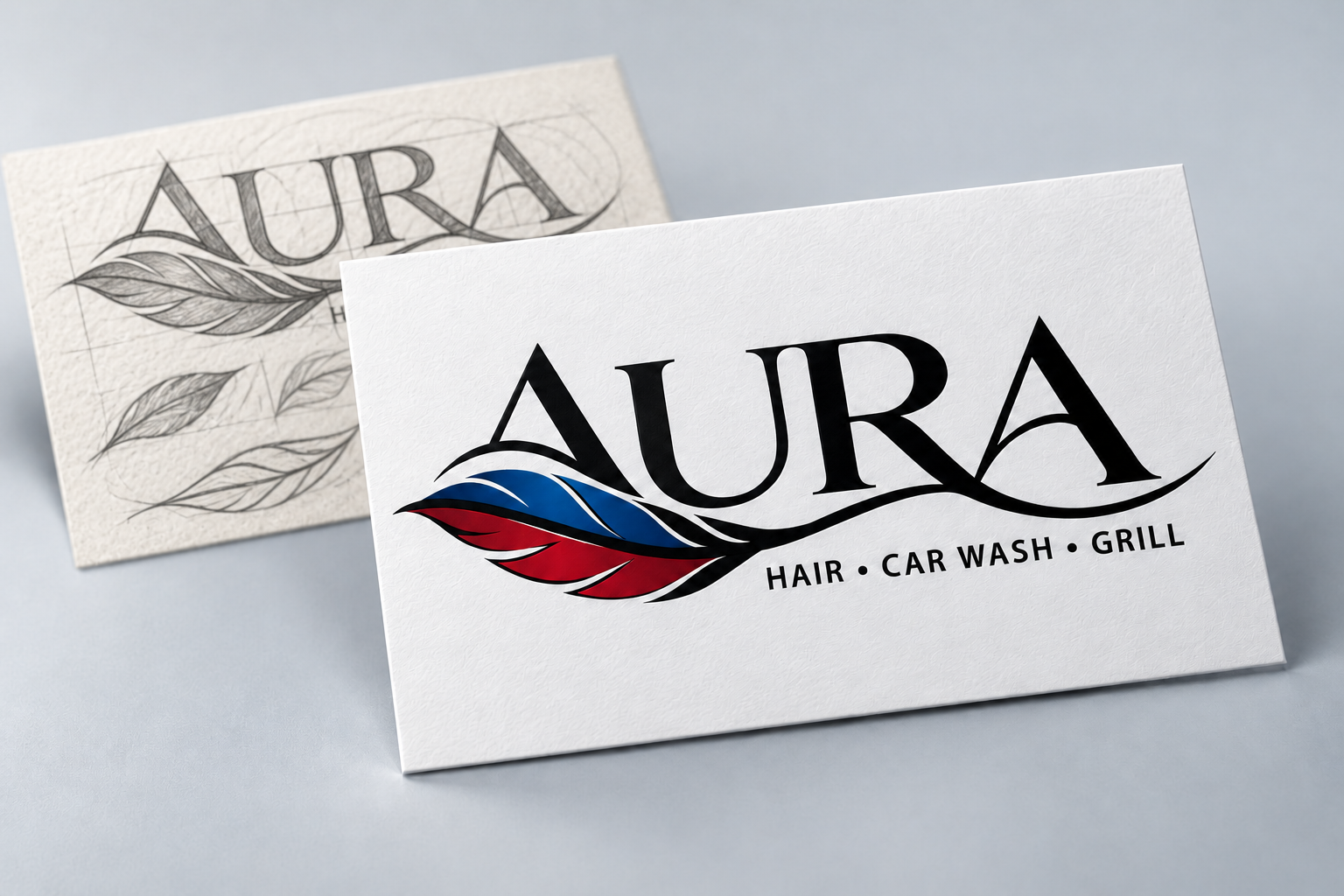 Aura: From pencil sketch to finished logo on a business card.