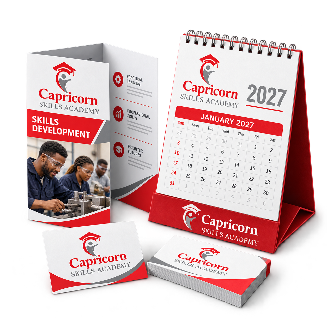 Capricorn Skills Academy: Tri-fold brochure, 2027 desk calendar and business cards.