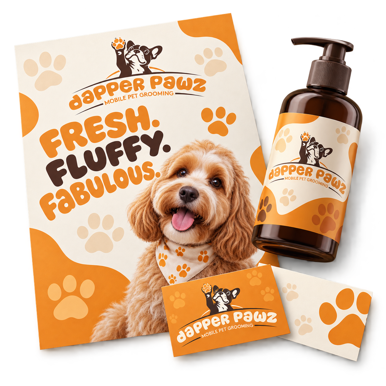 Dapper Pawz: Logo, poster, product label and business cards.