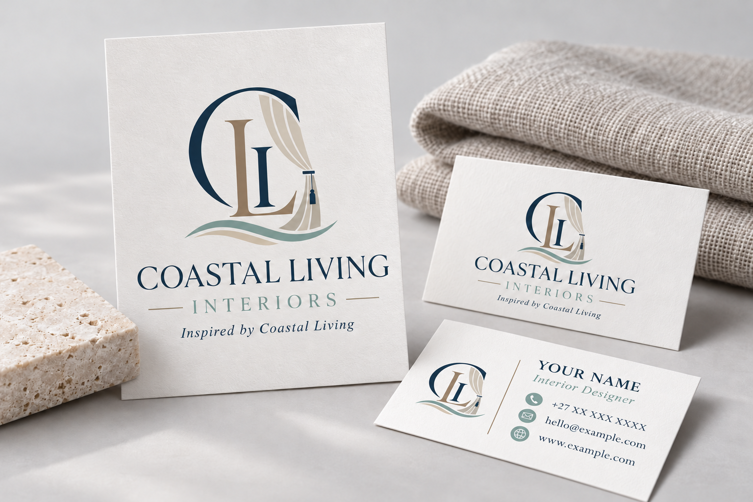 Coastal Living Interiors: Logo and business cards for an interior designer.