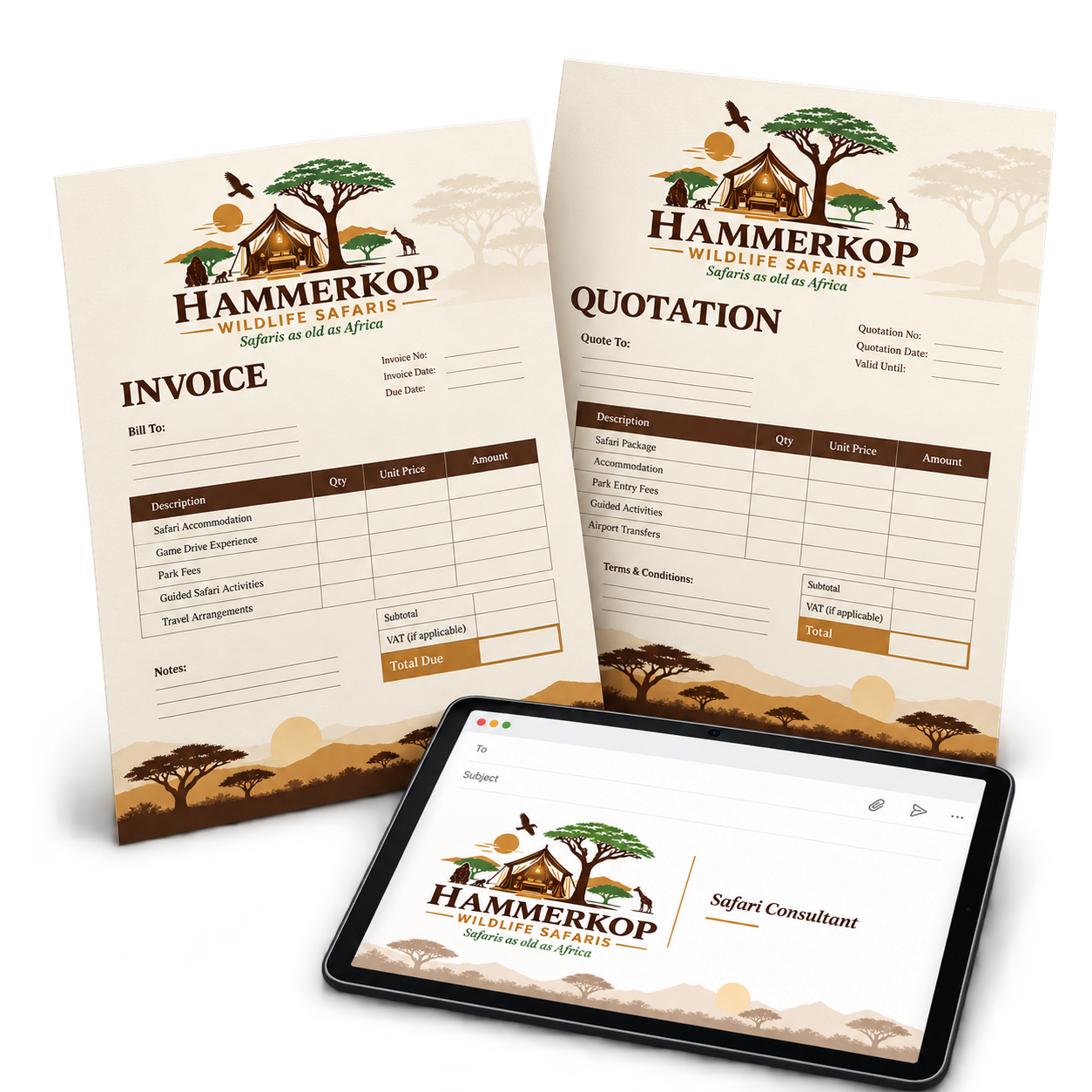 Hammerkop Wildlife Safaris: Branded invoice, quotation and email signature.