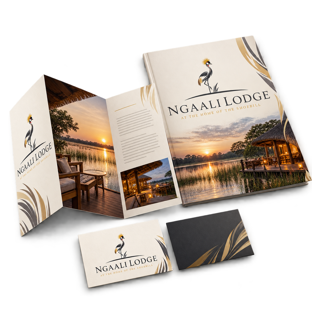 Ngaali Lodge: Luxury fold-out brochure, cover and business cards.