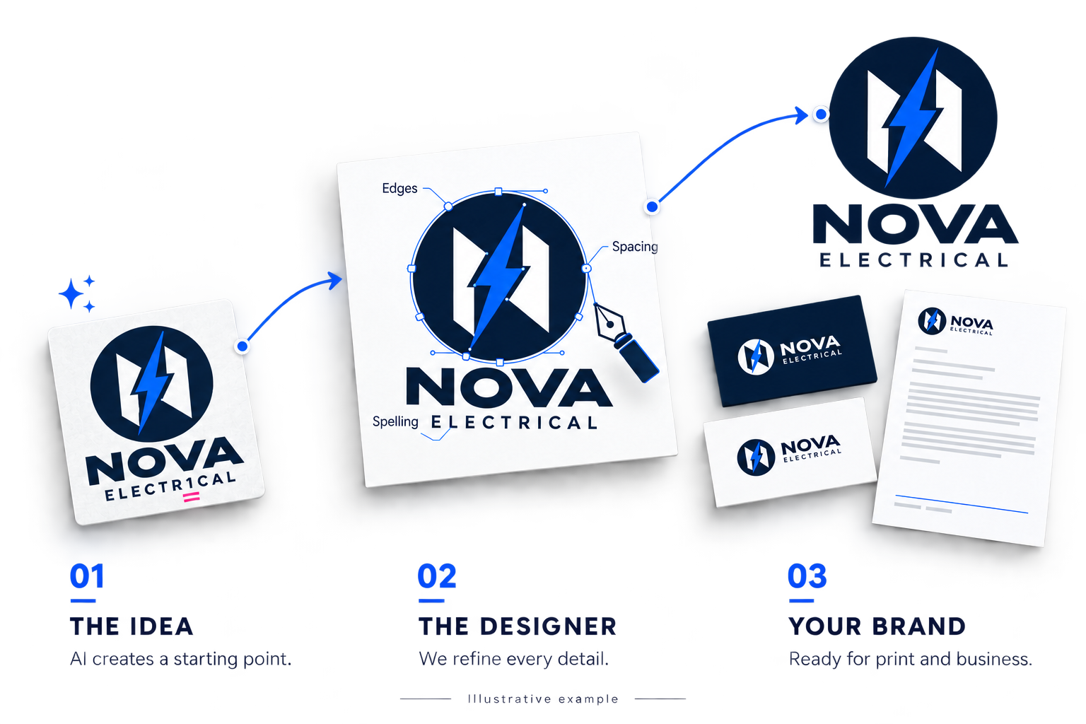 Nova Electrical: AI draft to designer-finished logo: edges, spacing and spelling fixed.
