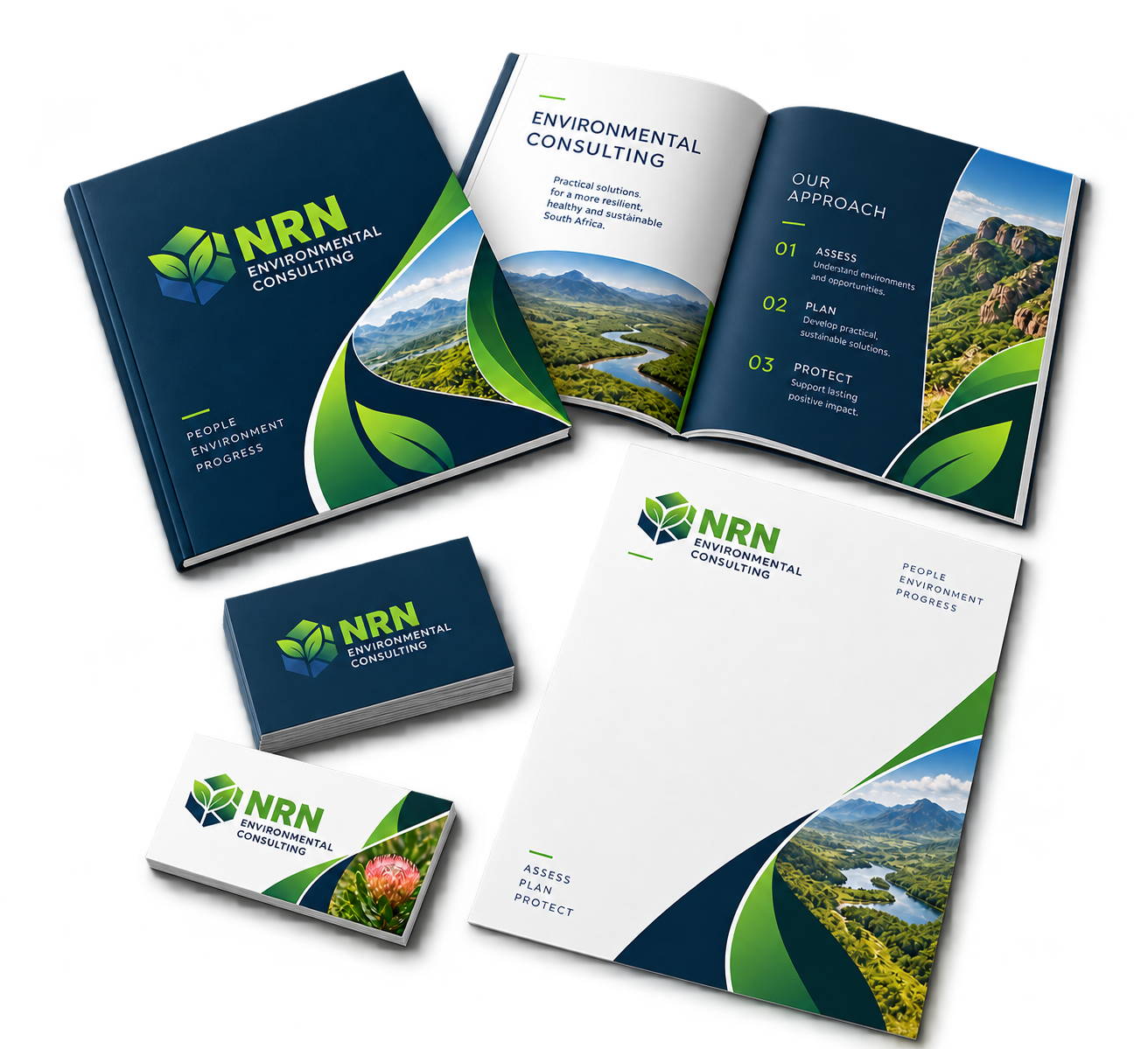 NRN Environmental Consulting: Logo, company profile, letterhead and two-sided business cards.