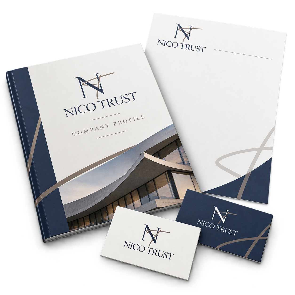 Nico Trust: An elegant monogram applied to a company profile, letterhead and cards.
