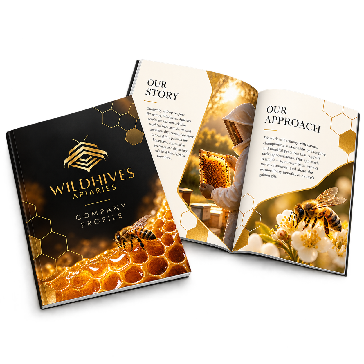 Wildhives Apiaries: Black and gold company profile with storytelling spreads.