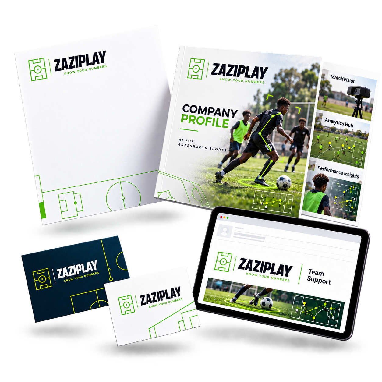 Zaziplay: Brand kit and product-led company profile for an AI sports analytics startup.