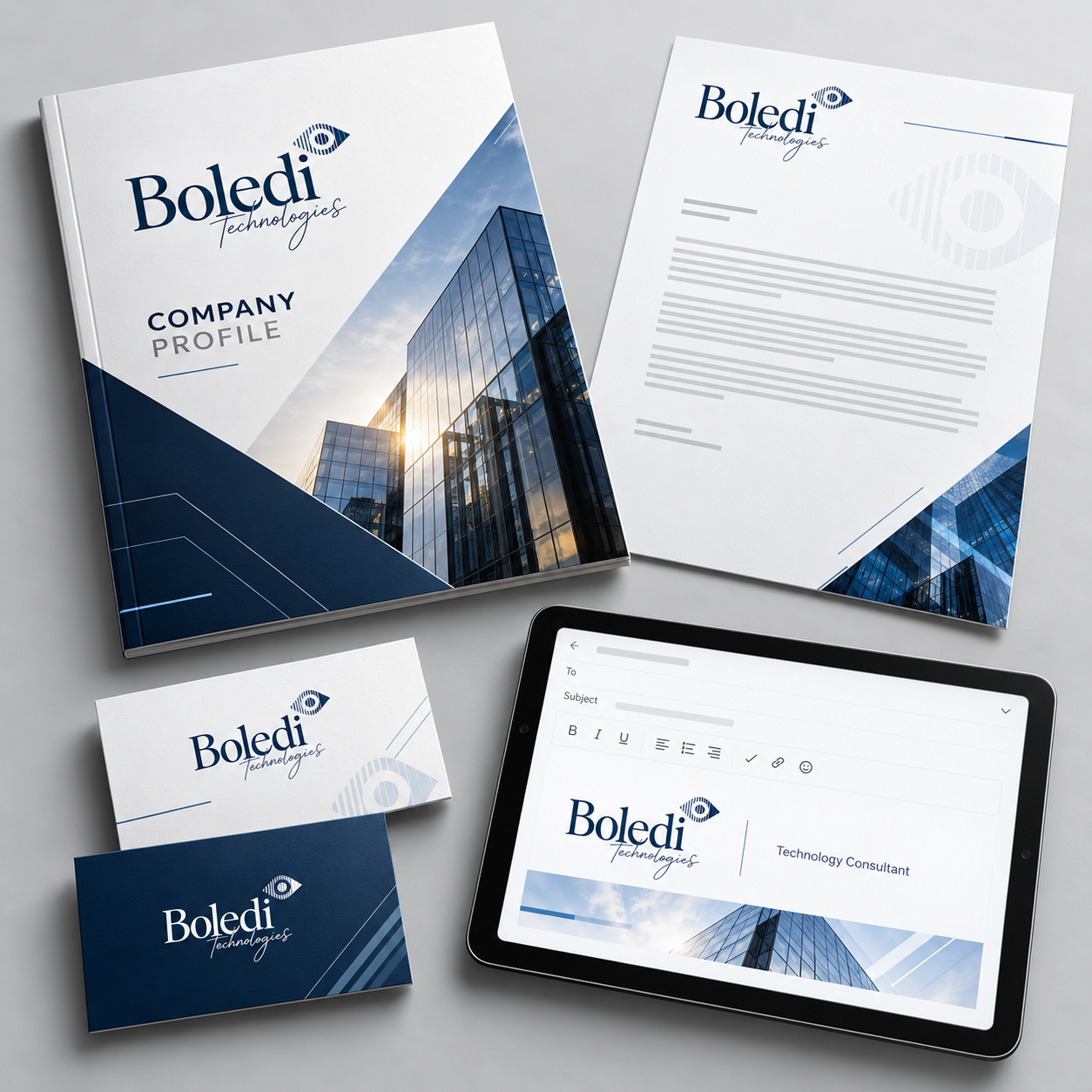 Boledi Technologies: A corporate identity with a matching company profile, letterhead, cards and email signature.